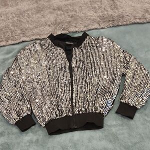 Super Chic And Fun Equations Silver Sequin Bomber Jacket Size L